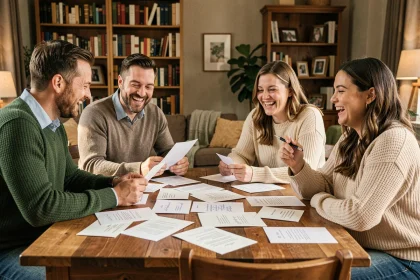 Groupe d'amis rédigeant un message de félicitations mariage avec humour autour d'une table en bois