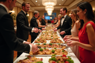 Groupe d'invités élégants au buffet festif