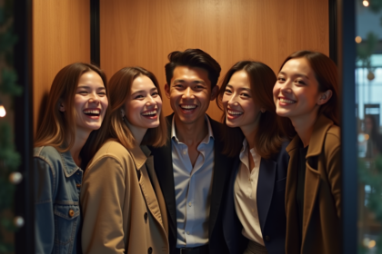 Groupe de jeunes adultes souriants devant un photobooth intérieur
