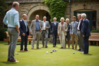 Groupe d'adultes jouant à la pétanque lors d'un mariage en extérieur