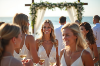 Groupe d'invites de mariage divers en plein air au bord de la mer