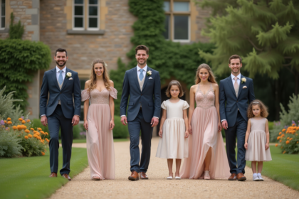 Groupe d'adultes et enfants lors d'une procession nuptiale en extérieur