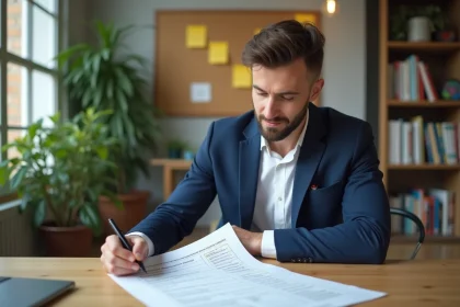 Homme en blazer blanc et bleu dans un bureau lumineux en pleine réflexion