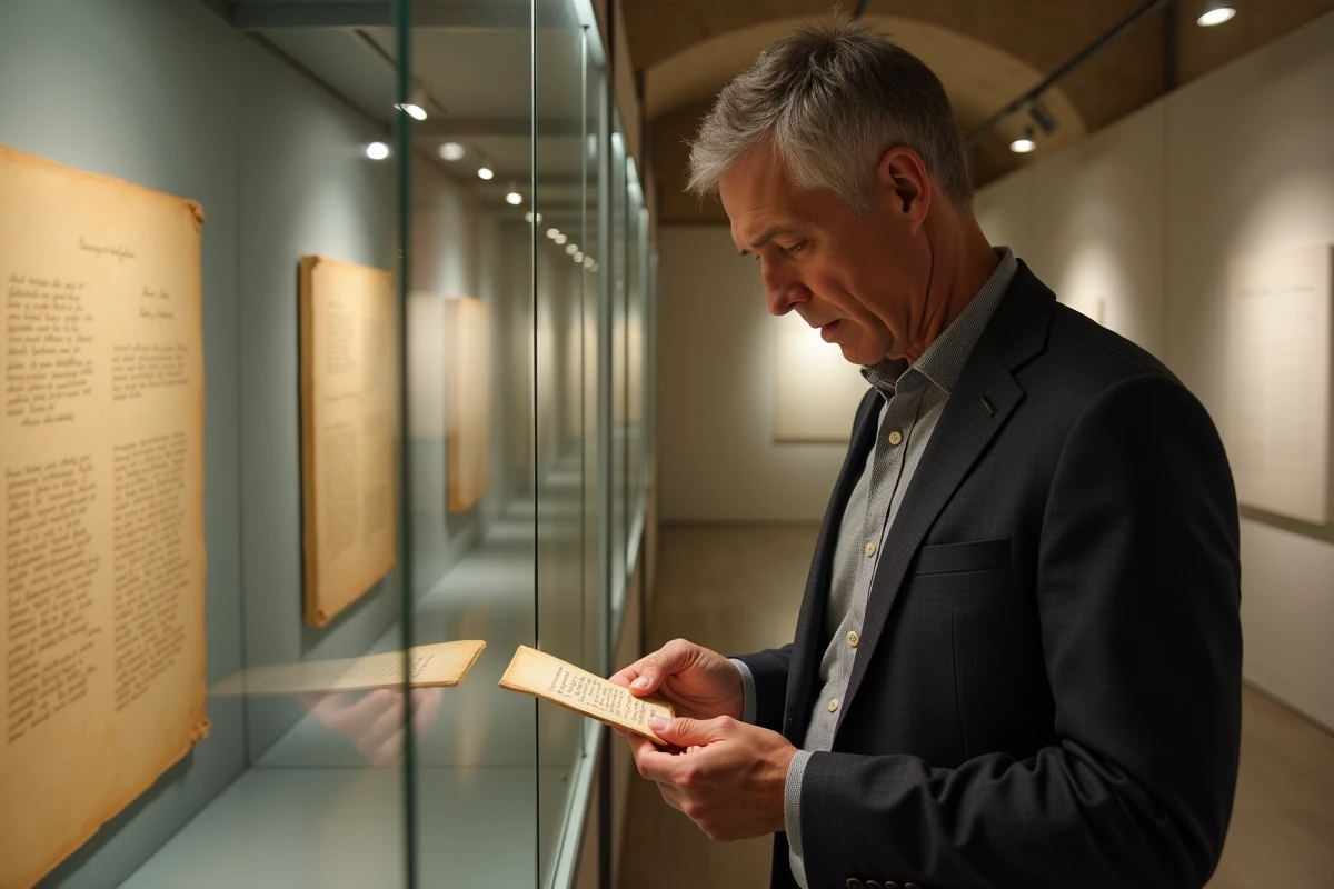 Homme moderne examine une lettre ancienne en vitrine d