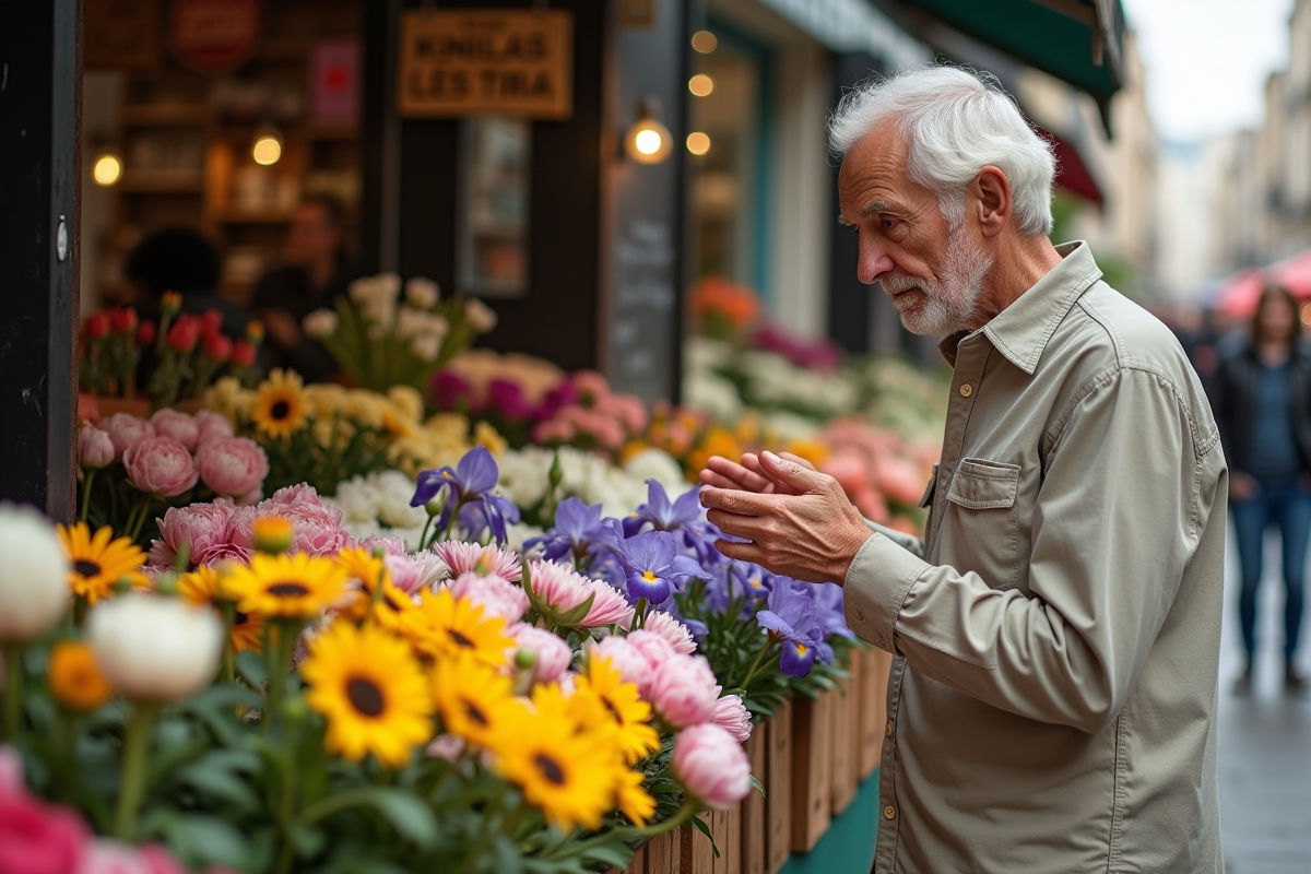 Homme âgé choisissant des fleurs dans un marché coloré