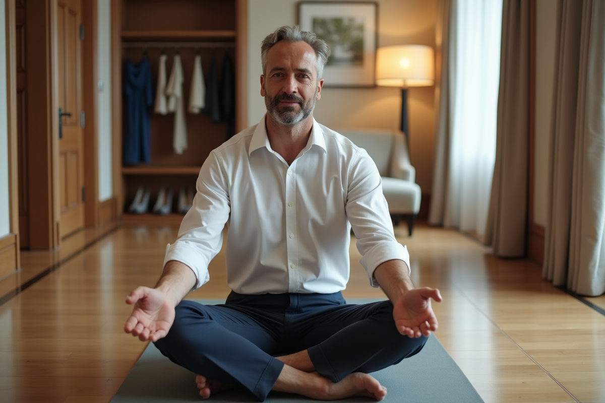 Homme en stretching dans une chambre d