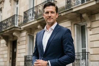 Portrait d'un homme politique en costume devant un bâtiment parisien, illustrant la frontière entre vie publique et vie privée