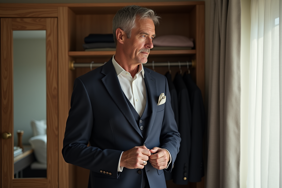 Homme mature choisissant une pochette en soie dans sa chambre