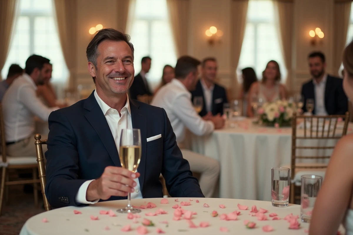 Homme souriant en blazer marine tenant une flûte de champagne lors d'un banquet de mariage dans une salle de réception somptueuse