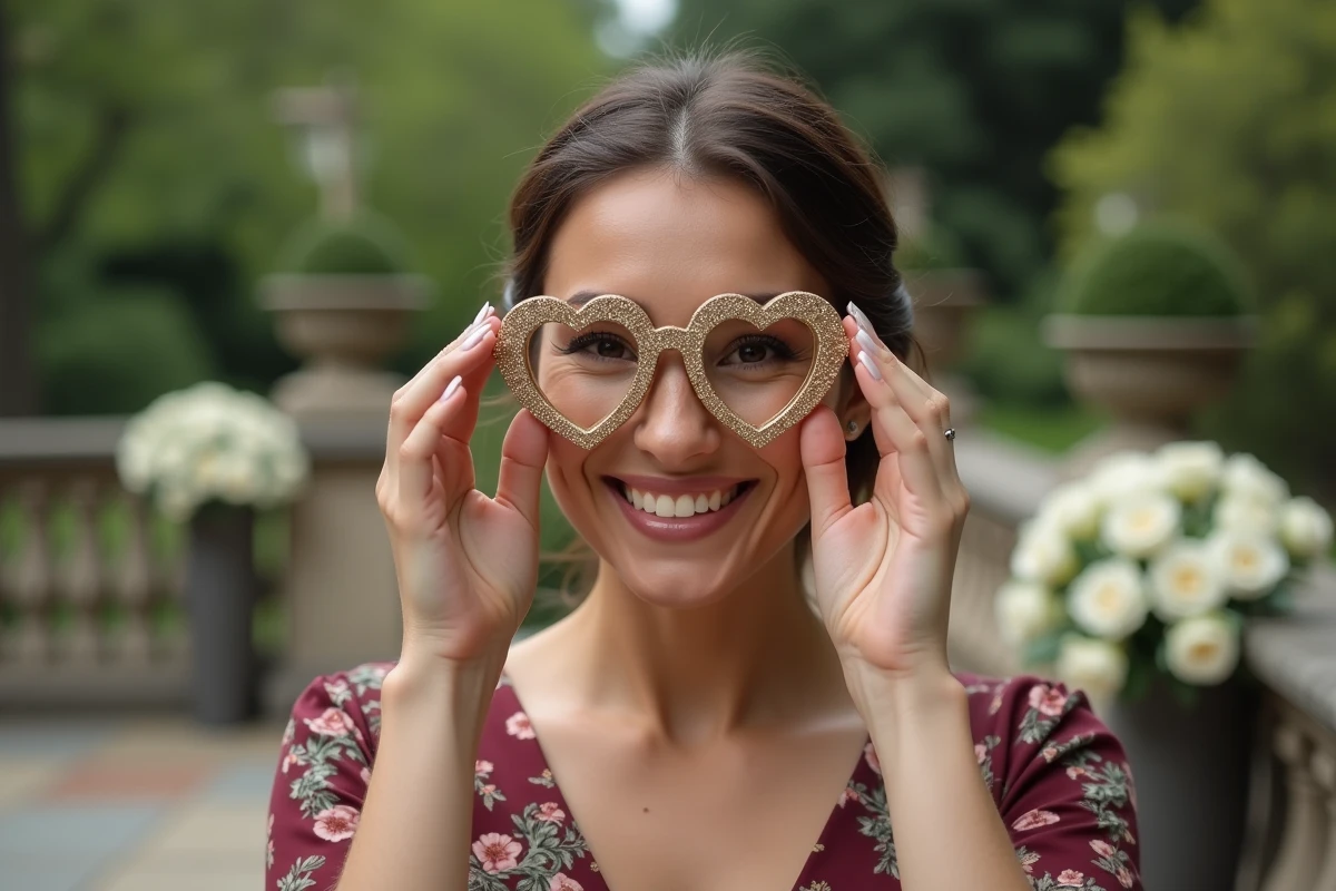 Invitée de mariage souriante tenant une lunette cœur dorée devant son visage dans un jardin fleuri