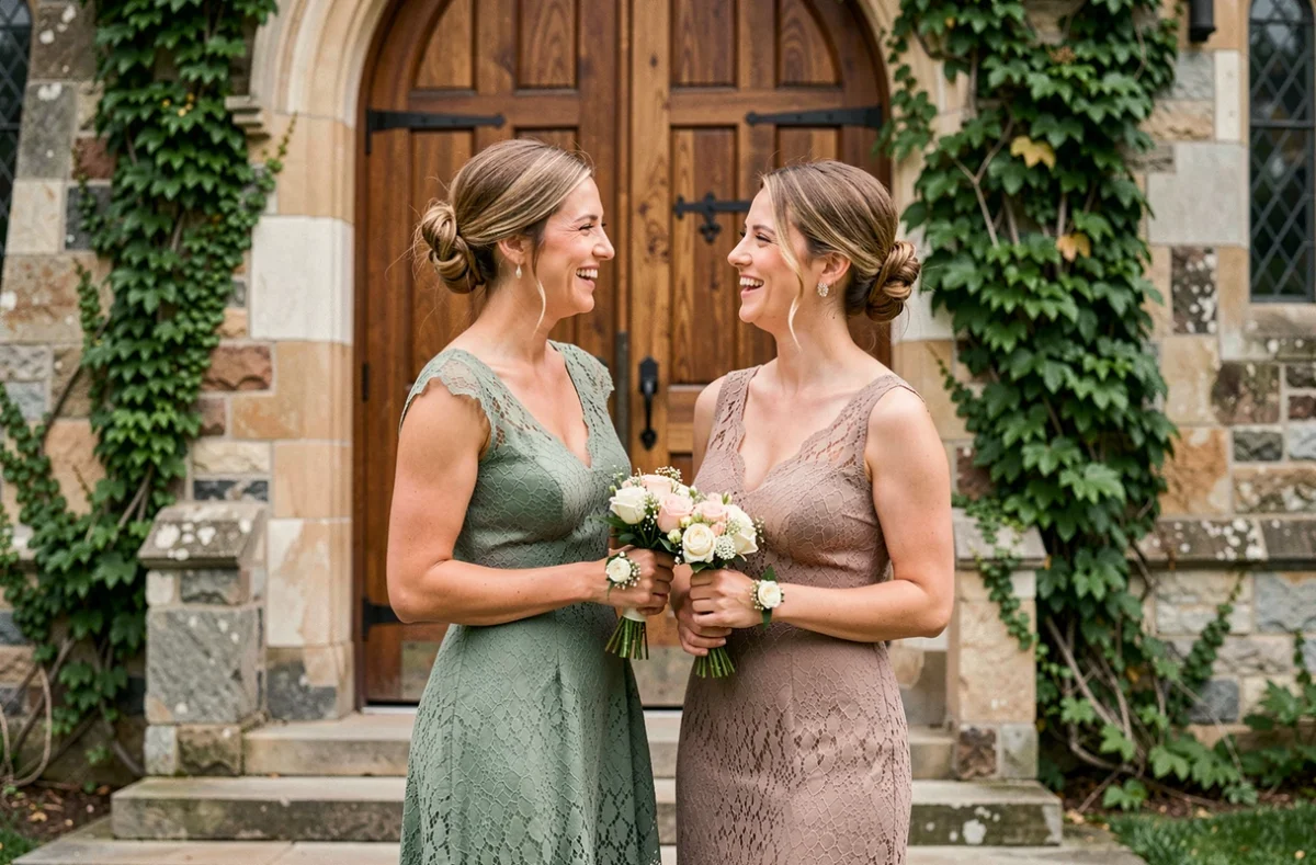 Deux invitées en robes de dentelle chic devant une chapelle de mariage, tenues élégantes d'invitées