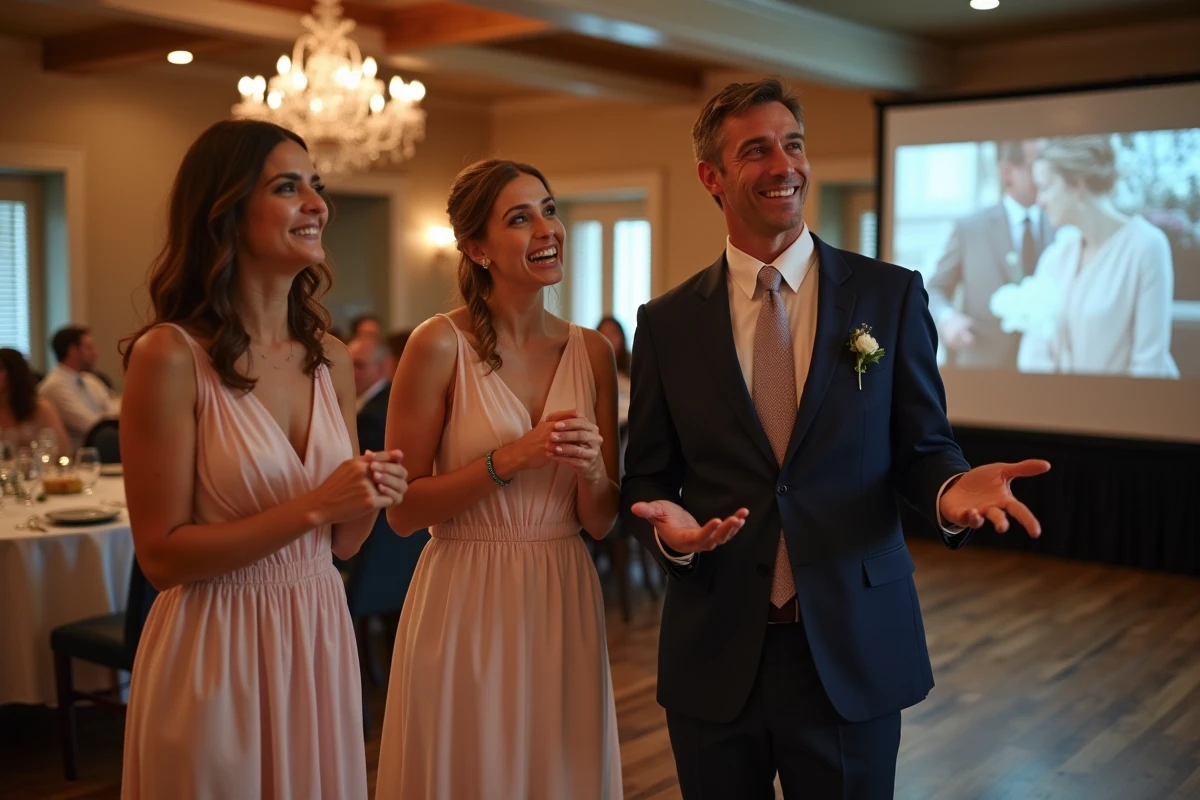 Trois invités de mariage regardant un diaporama avec confusion