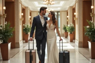 Jeune couple marié souriant dans un couloir d'hôtel