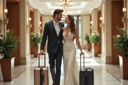 Jeune couple marié souriant dans un couloir d'hôtel