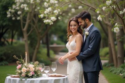 Jeune couple souriant lors d'un mariage en plein air