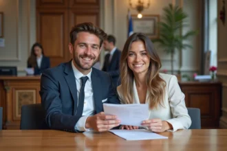 Jeune couple souriant en mariage civil à la mairie