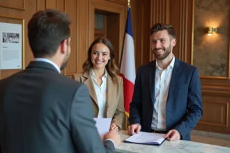 Jeune couple souriant présentant des documents à la mairie