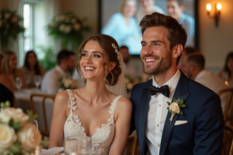Jeune couple marié souriant lors de la réception de mariage