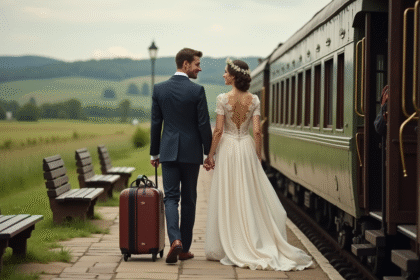 Jeune couple marié embarquant dans un train vintage à la campagne
