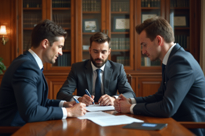 Jeune couple en réunion avec un notaire dans un bureau élégant