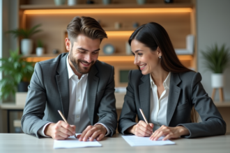 Jeune couple signant un contrat dans une banque moderne