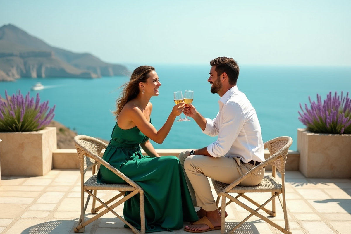Couple en vacances sur une terrasse face à l