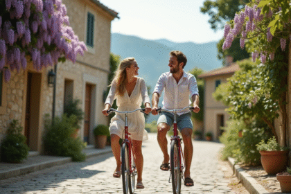 Jeune couple en vélo dans un village français en été
