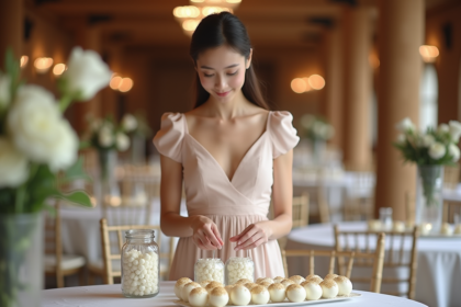 Jeune femme en robe pastel arrangeant dragées blanches