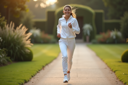 Jeune mariée en jogging dans un jardin au matin