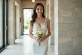 Jeune femme en robe de mariage moderne dans une mairie contemporaine