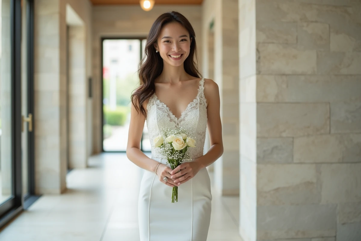 Jeune femme en robe de mariage moderne dans une mairie contemporaine