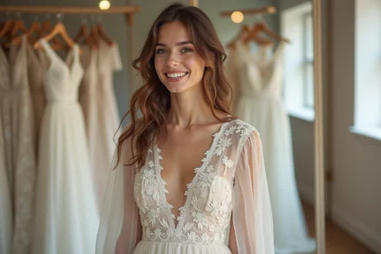 Jeune femme en robe de mariée bohème dans une boutique à Bordeaux