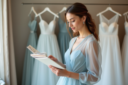 Jeune femme en robe de mariage pastel bleu dans une boutique