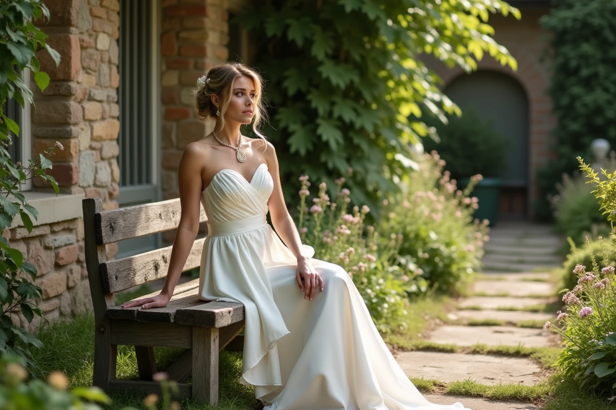 Jeune mariée en robe teal dans un jardin ensoleille