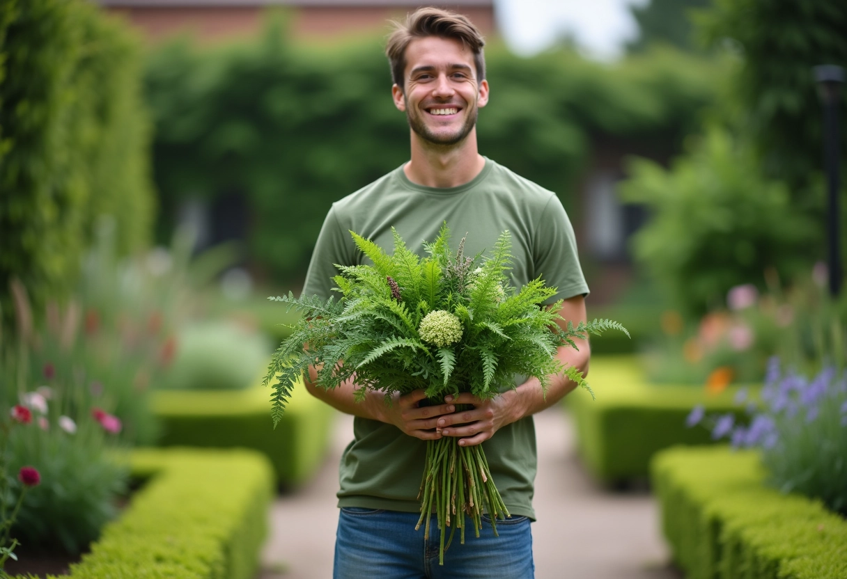 Jeune homme présentant un bouquet de plantes dans le jardin