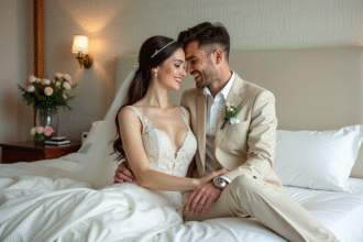 Jeune couple marié partage un moment intime dans une chambre élégante