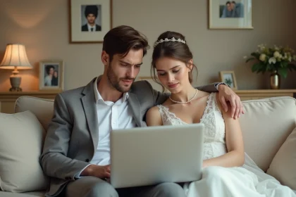 Jeune mariée en robe ivoire avec son mari regardant un ordinateur