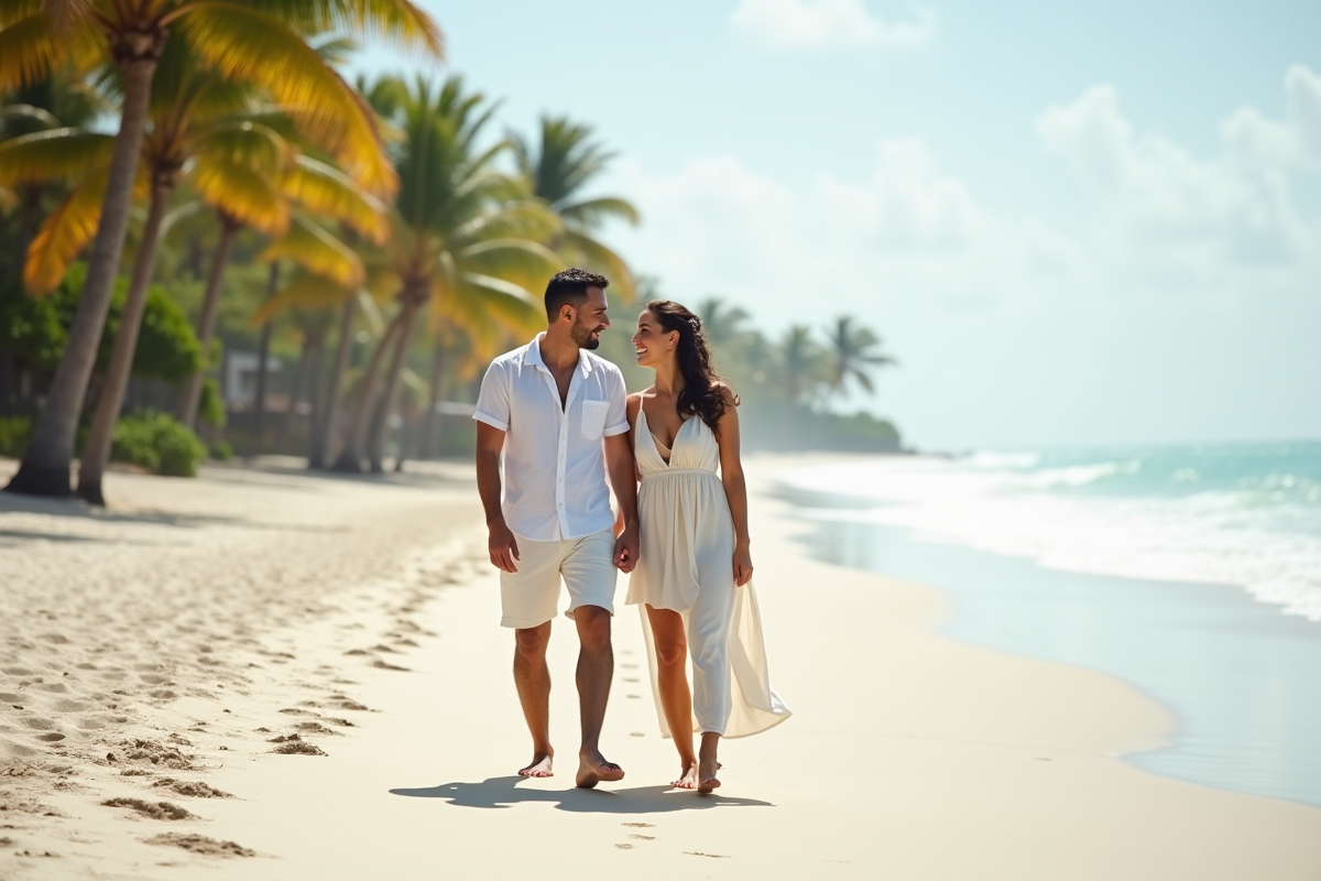 Jeune couple en promenade sur la plage de sable blanc