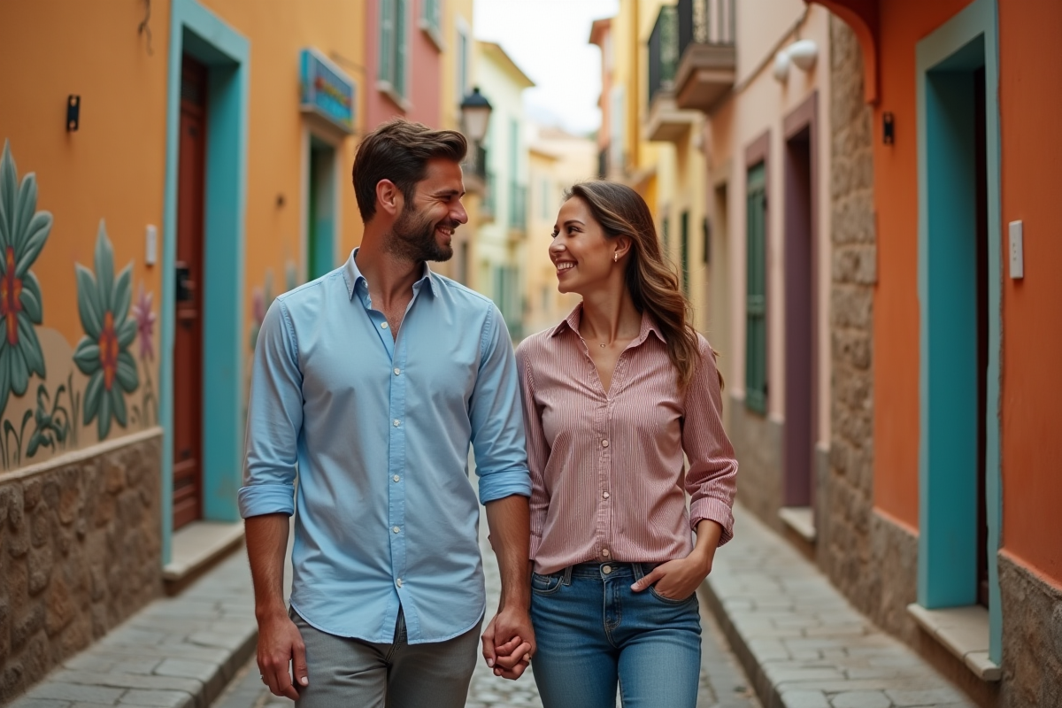 Jeune couple marié se promenant dans une rue colorée de Mille