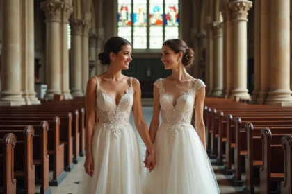 Deux femmes en robes de mariage dans une église historique