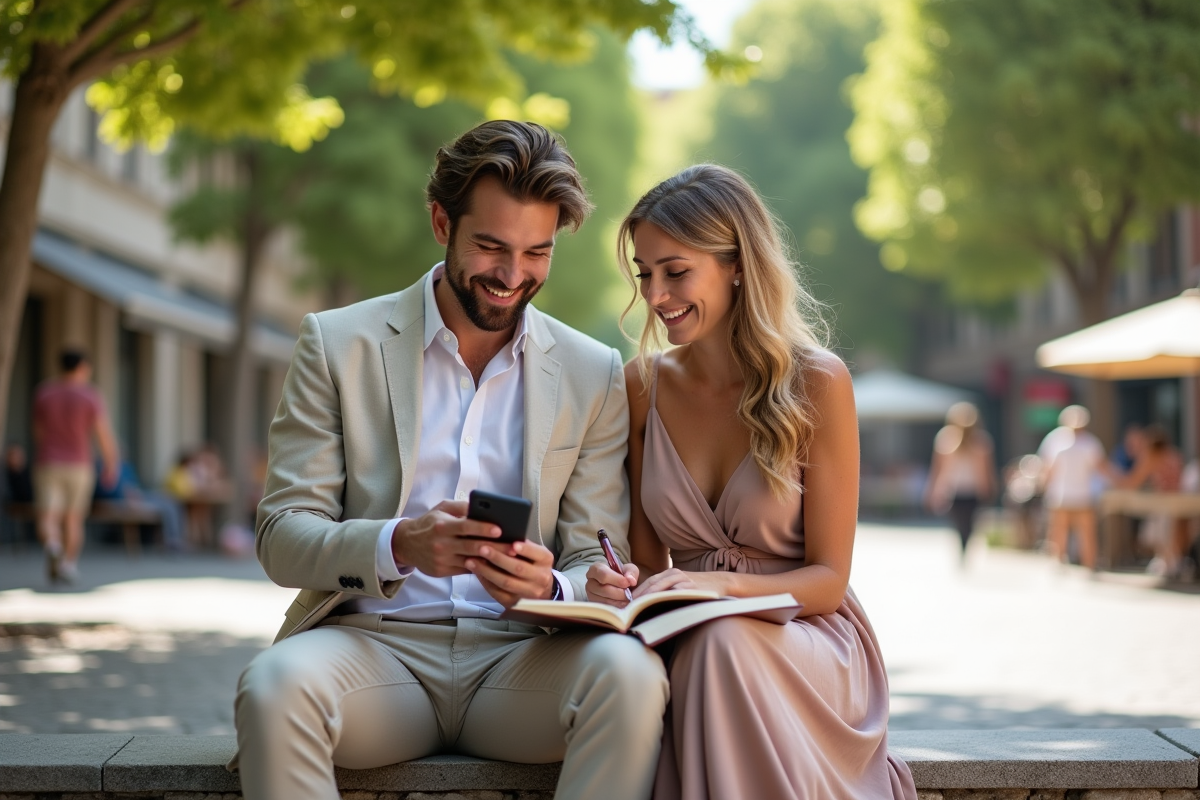 Jeunes mariés assis dans un parc urbain souriant avec smartphone