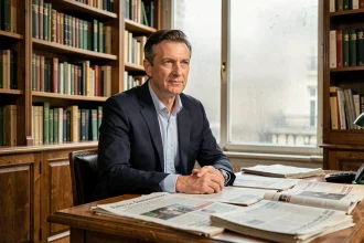 Journaliste français dans un bureau éditorial parisien entouré de journaux et de livres, portrait professionnel