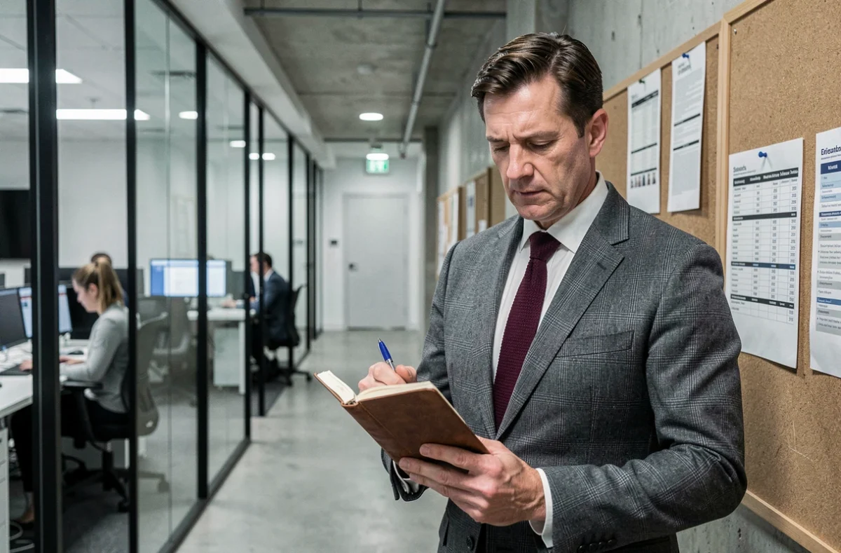 Journaliste masculin dans un couloir de rédaction moderne consultant ses notes, portrait éditorial contemporain