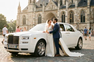 Couple de mariés sortant d'une Rolls-Royce blanche devant une église en pierre de Toulouse lors de leur mariage