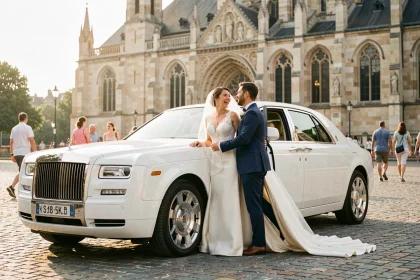 Couple de mariés sortant d'une Rolls-Royce blanche devant une église en pierre de Toulouse lors de leur mariage