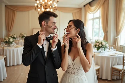 Mariés souriants tenant des lunettes cœur géantes devant leur visage lors d'une réception de mariage décorée