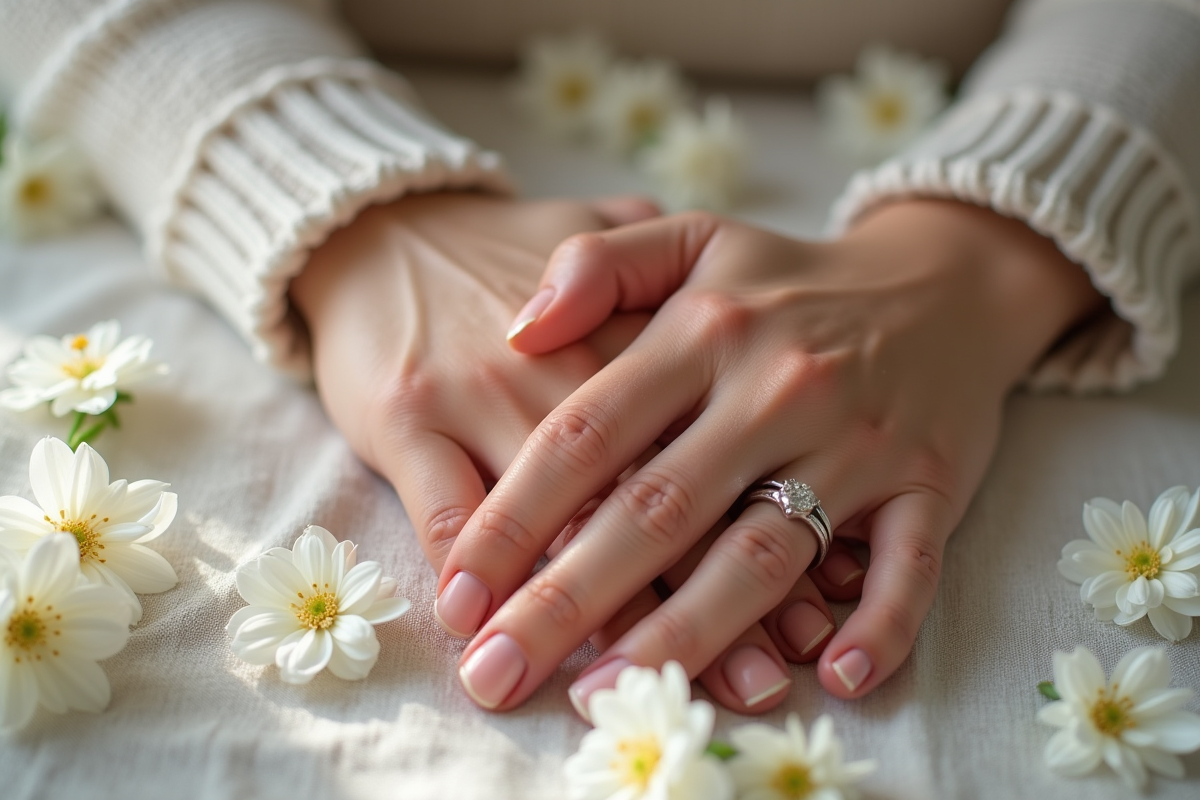 Mains entrelacees avec alliance sur tissu lin avec fleurs blanches