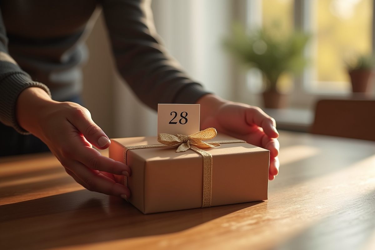 Mains touchant un cadeau d anniversaire sur une table en bois