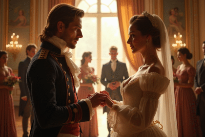 Couple élégant du 18e siècle échangeant des anneaux dans un salon ensoleille