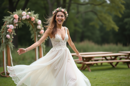 Mariée bohème dans un champ vert avec couronne de fleurs